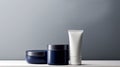 Three minimalist cosmetic jars in navy blue and white are displayed against a soft gradient background, perfect for