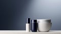 Three minimalist cosmetic jars in navy blue and white are displayed against a soft gradient background, perfect for