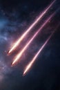 Three minimalist meteor trails streak across a deep-space background, leaving glowing light trails that enhance the