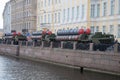 Three missile launchers s-300PM on the embankment of the Moika river. Preparing for the rehearsal of parade in honor of Victory Da