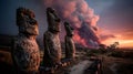 Three Moai statues on Easter Island stand in the foreground, crafted from volcanic Royalty Free Stock Photo