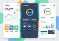 Three mobile app screens for a fintech application display financial Royalty Free Stock Photo