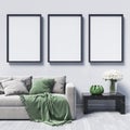 Three mock up poster frames with green vase