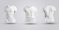 Three mockups of white realistic 3d t-shirt isolated on white background