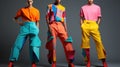 Three models wearing colorful pants and shirts, AI