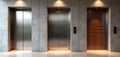 Three modern elevator doors inside a building lobby. Two doors are silver stainless steel, one is dark wood paneling. Lobbies Royalty Free Stock Photo
