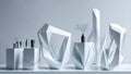 Three modern glossy white geometric shape podium table. Ai Generated