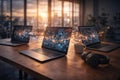 Connected laptops with data visualization on wooden table in modern loft office at sunset Royalty Free Stock Photo