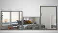 Three modern mirrors on shelf or desk reflecting interior design scene, bedroom with big panoramic window, minimalist white archit Royalty Free Stock Photo