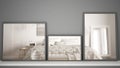 Three modern mirrors on shelf or desk reflecting interior design scene, classic contemporary bedroom, minimalist white architectur Royalty Free Stock Photo