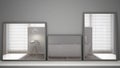 Three modern mirrors on shelf or desk reflecting interior design scene, minimalist modern nordic bathroom, minimalist white archit
