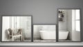 Three modern mirrors on shelf or desk reflecting interior design scene, scandinavian classic bathroom, minimalist white architectu Royalty Free Stock Photo