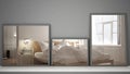 Three modern mirrors on shelf or desk reflecting interior design scene, scandinavian classic bedroom, minimalist white architectur Royalty Free Stock Photo