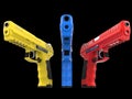 Three modern semi automatic guns - red, blue and yellow