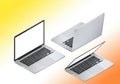 Three modern silver laptops displayed in isometric perspective on a warm gradient background Royalty Free Stock Photo