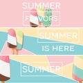 Three modern typographic summer poster designs with ice cream and geometric elements