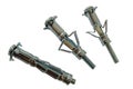 Three Molly metal dowels are in closed, semi-open and open condition from left to right isolated on a white background