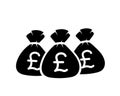 three money bags black filled vector icon, sacks with pound currency sign