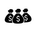 three money bags black vector icon on a white background, sacks with dollar sign Royalty Free Stock Photo