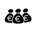 three money bags black filled vector icon on a white background, sacks with euro sign Royalty Free Stock Photo