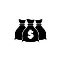 Three Money Bags, Dollar Banking Sack. Flat Vector Icon illustration. Simple black symbol on white background. Three Money Bags, Royalty Free Stock Photo