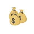 Three money bags vector illustration, cartoon 3d isometric lots of dollar cash, idea of big gran or credit, success