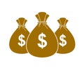 Three moneybags money bag vector simplistic illustration icon or logo, business and finance theme.