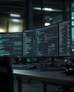 Three Monitors Displaying Computer Code in a Dark Office Royalty Free Stock Photo