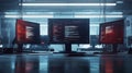 Three Monitors Displaying Computer Code in a Modern Office Setting Royalty Free Stock Photo