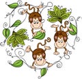 Three monkeys hanging on green leaves