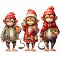 Three monkeys in the hats of Santa Claus in a white background