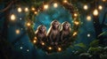 Three Baby Monkeys Cozying up in Festive Wreath under Glowing String Lights Royalty Free Stock Photo