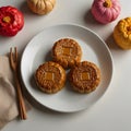 chinese moon cake on white plate. ai generative Royalty Free Stock Photo