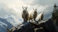 Three mountain goats standing on peak with mountains behind, AI Generated