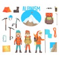 Three Mountaineers And Mountaineering Equipment Set Of Alpinism And Alpinist Tools Vector Illustrations