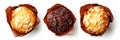 Three muffins on white background, from above