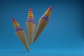 Three multi-colored ice creams on a blue background. Summer background. 3d render