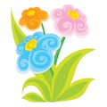 Three multi-colored large flowers grow on a flowerbed, isolated object on a white background, vector illustration,