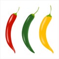 Three multi-colored pods of chili pepper on a white background. Red, green and yellow.
