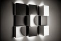 three multi-sized flattened squares of black and gray color on dark background with white backlight beam 3d abstract