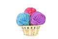 Three multicolored balls of yarn in the basket