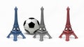 Three multicolored Eiffel Tower models, isolated on white background Royalty Free Stock Photo