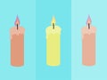 Three multicolored lit candles sitting horizontal with different backgrounds