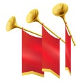 Three Musical Golden Trumpet Decorates Red Flags Royalty Free Stock Photo