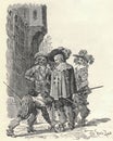 THREE MUSKETEERS. DArtagnan, Athos, Aramis, and Porthos. Illustration from a late 19th century edition, by