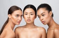 Three Naked Women Models Standing Shirtless Posing In Studio