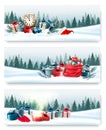 Three nature landscape Christmas banners with gift boxes. Royalty Free Stock Photo