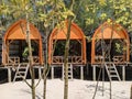 three neatly arranged beach huts surrounded by mangrove forest trees