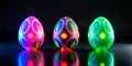 Three neon easter eggs gleam together. AI generated Illustration