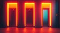 Three neon lit elevator doors with vibrant reflections Royalty Free Stock Photo